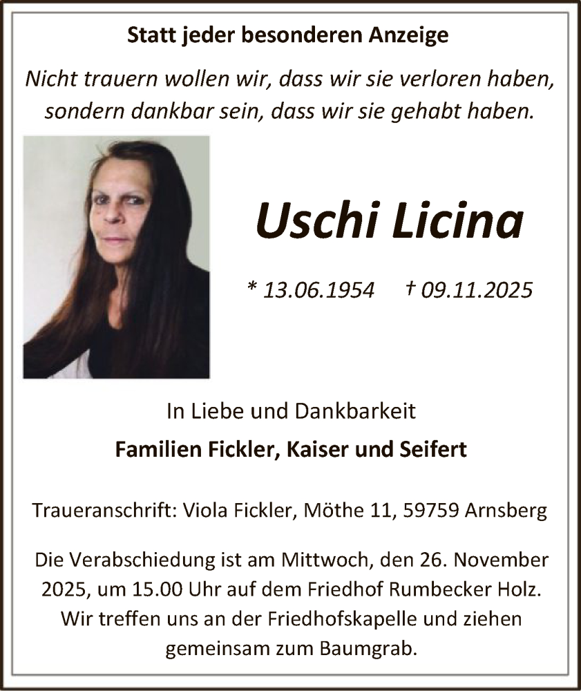  Traueranzeige für Uschi Licina vom 15.11.2025 aus HASK