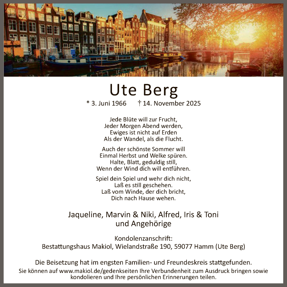  Traueranzeige für Ute Berg vom 29.11.2025 aus HAWA