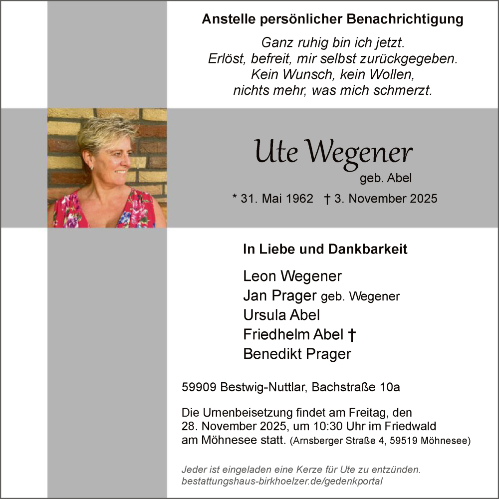  Traueranzeige für Ute Wegener vom 15.11.2025 aus HASK