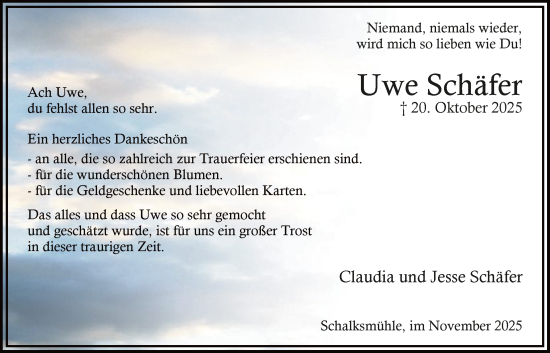 Traueranzeige von Uwe Schäfer von HALN