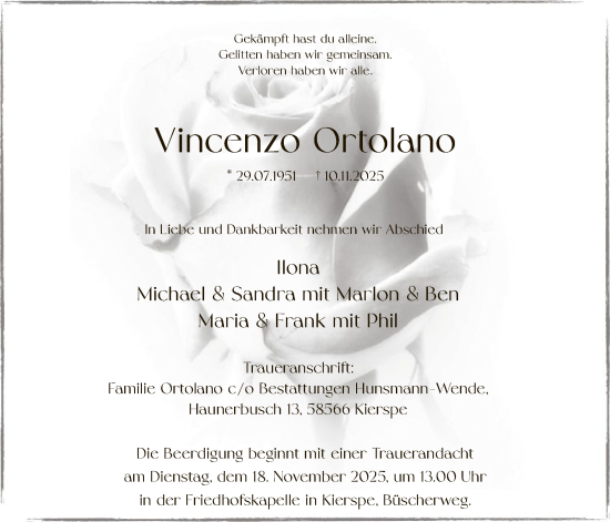 Traueranzeige von Vincenzo Ortolano von HALN