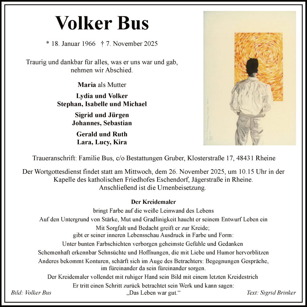  Traueranzeige für Volker Bus vom 15.11.2025 aus HASO