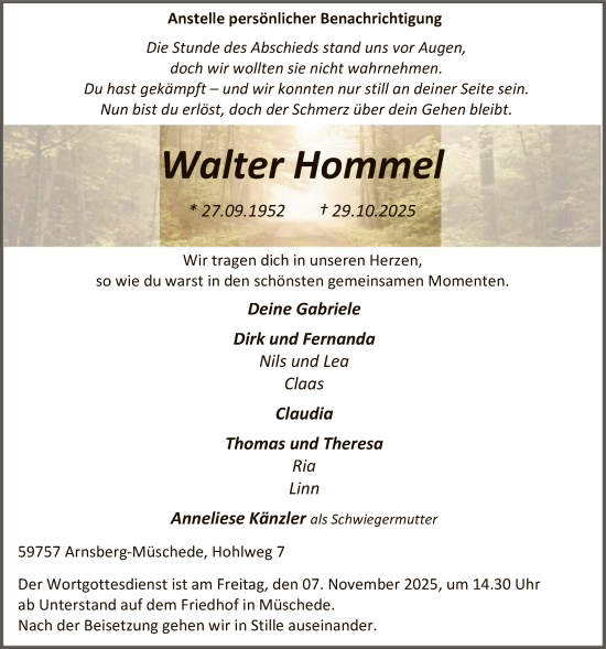 Traueranzeige von Walter Hommel von HASK