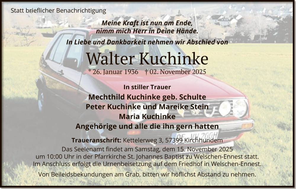  Traueranzeige für Walter Kuchinke vom 08.11.2025 aus HASK