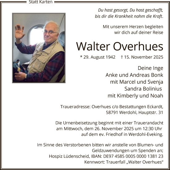 Traueranzeige von Walter Overhues von HALN
