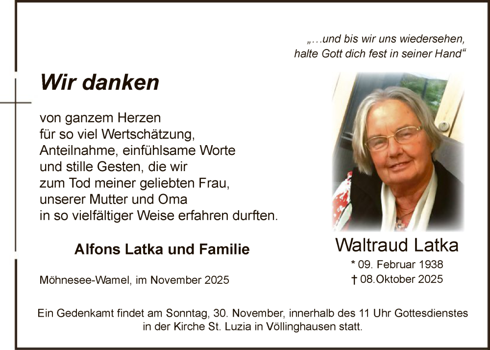  Traueranzeige für Waltraud Latka vom 22.11.2025 aus HASO