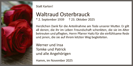 Traueranzeige von Waltraud Osterbrauck von HAWA