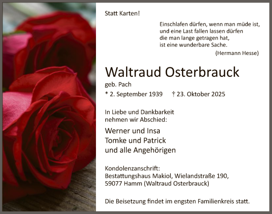 Traueranzeige von Waltraud Osterbrauck von HAWA