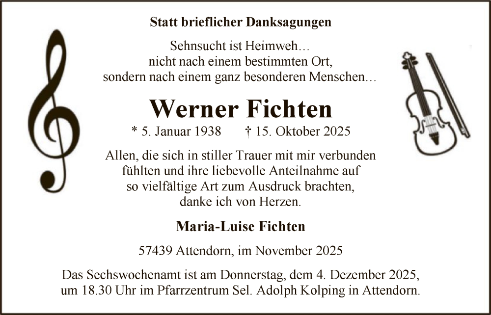  Traueranzeige für Werner Fichten vom 29.11.2025 aus HASK
