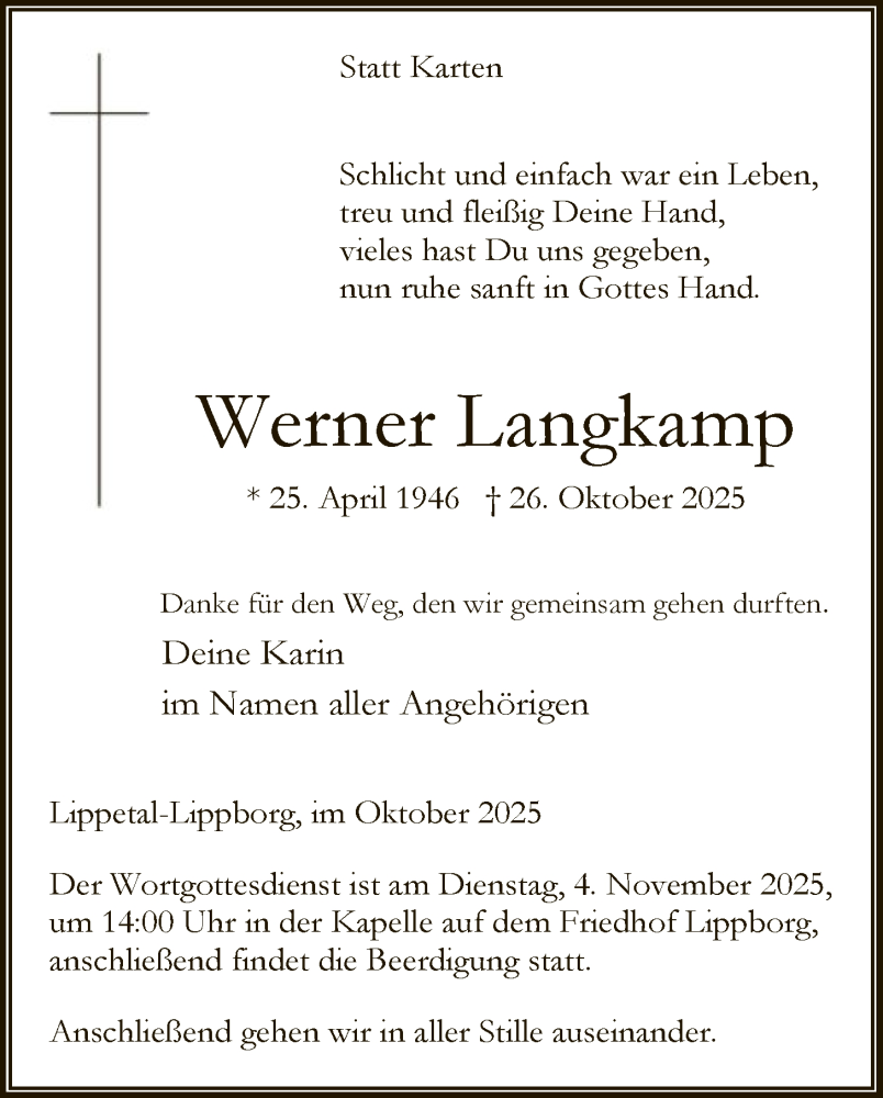  Traueranzeige für Werner Langkamp vom 31.10.2025 aus HASO