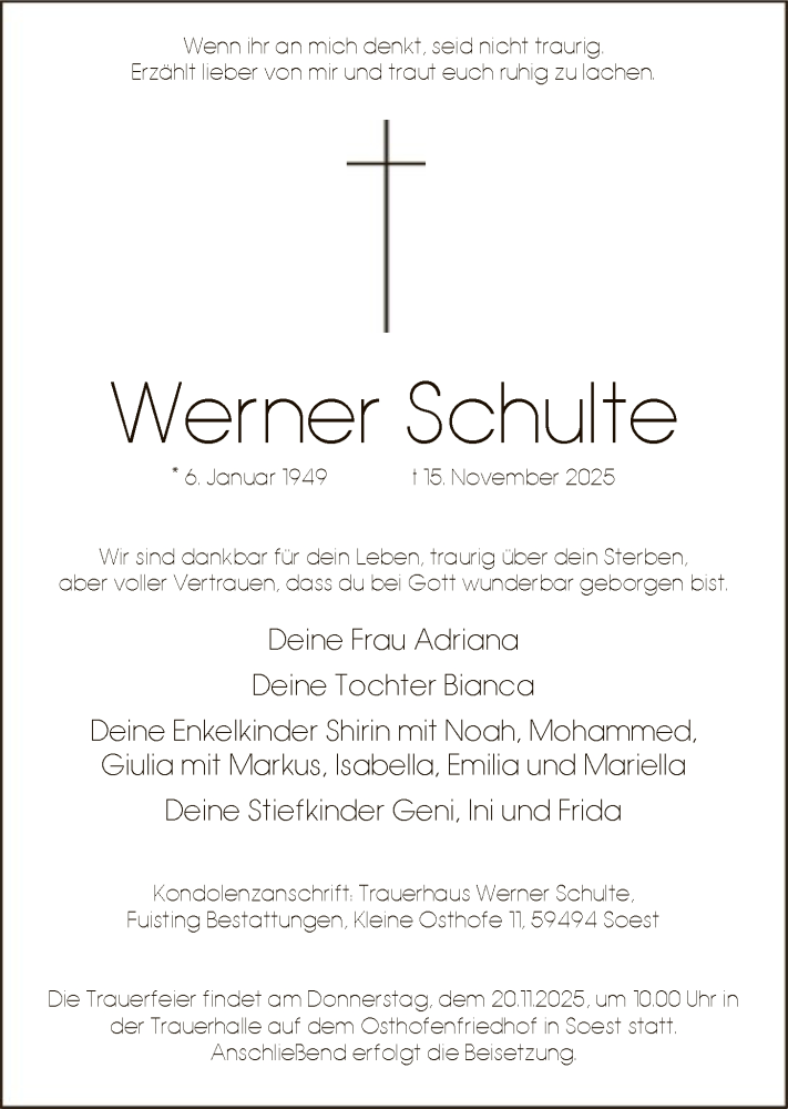  Traueranzeige für Werner Schulte vom 19.11.2025 aus HASO