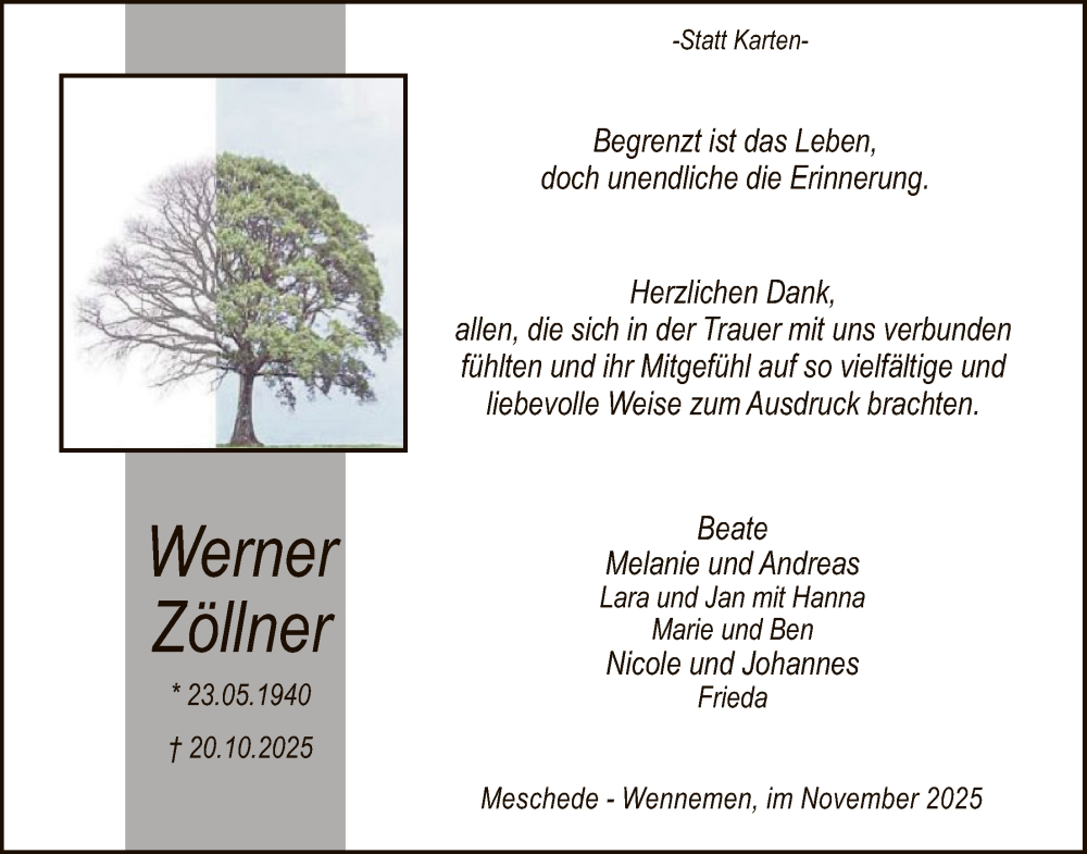  Traueranzeige für Werner Zöllner vom 22.11.2025 aus HASK