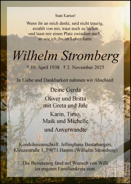 Traueranzeige von Wilhelm Stromberg von HAWA