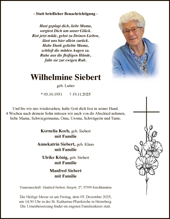 Traueranzeige von Wilhelmine Siebert von HASK
