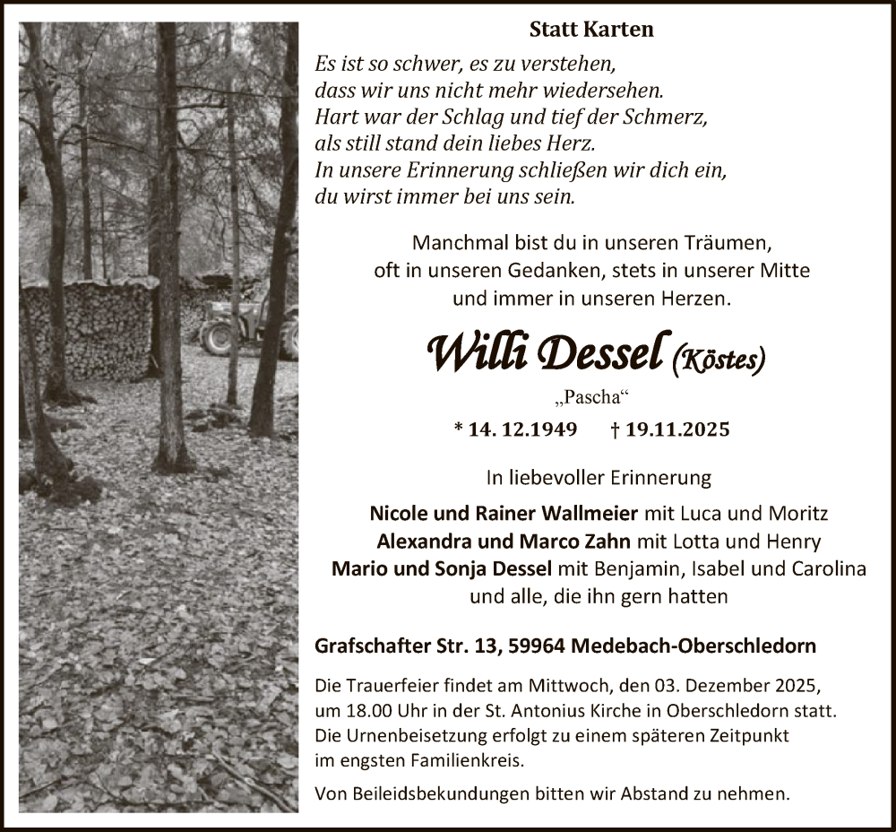  Traueranzeige für Willi Dessel vom 29.11.2025 aus HASK
