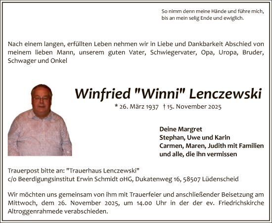 Traueranzeige von Winfried Lenczewski von HALN
