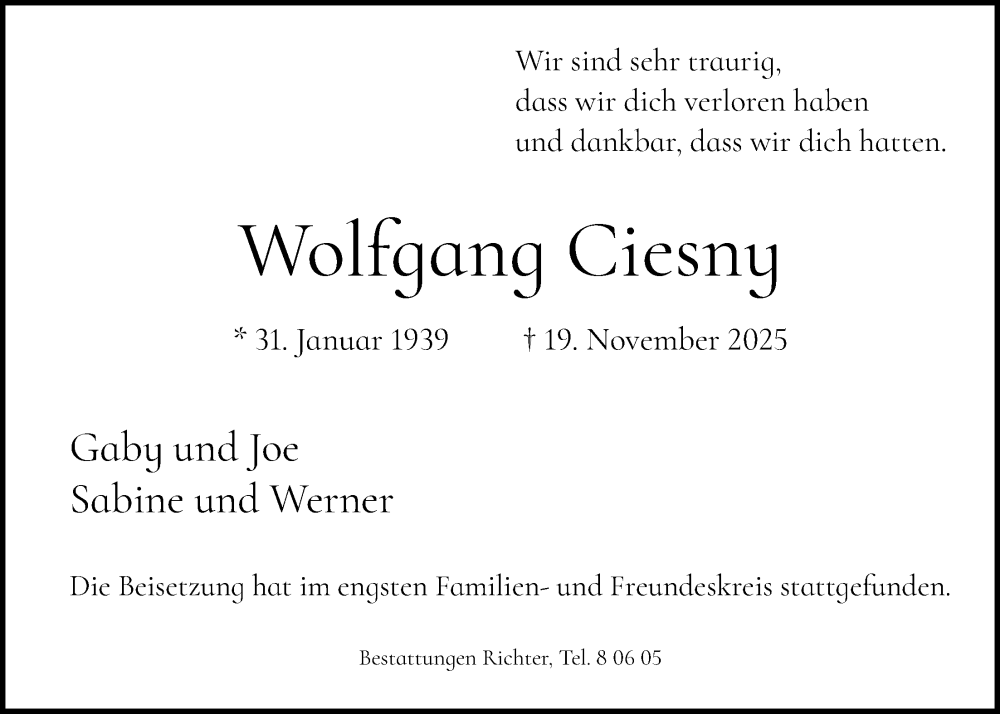  Traueranzeige für Wolfgang Ciesny vom 29.11.2025 aus HAWA