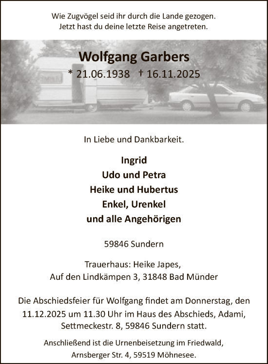 Traueranzeige von Wolfgang Garbers von HASK