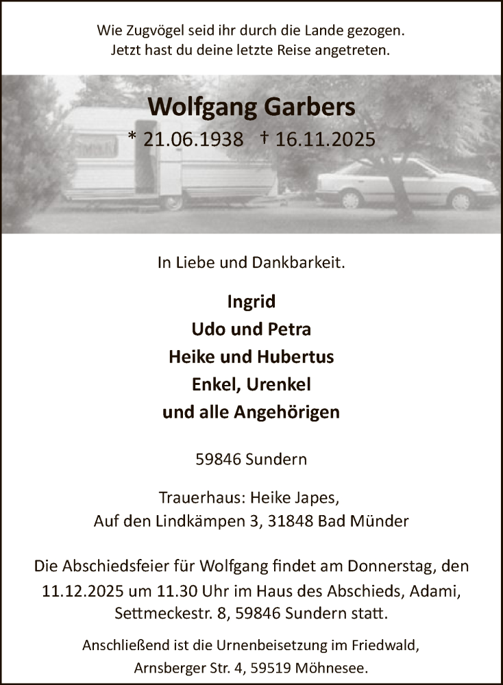  Traueranzeige für Wolfgang Garbers vom 22.11.2025 aus HASK