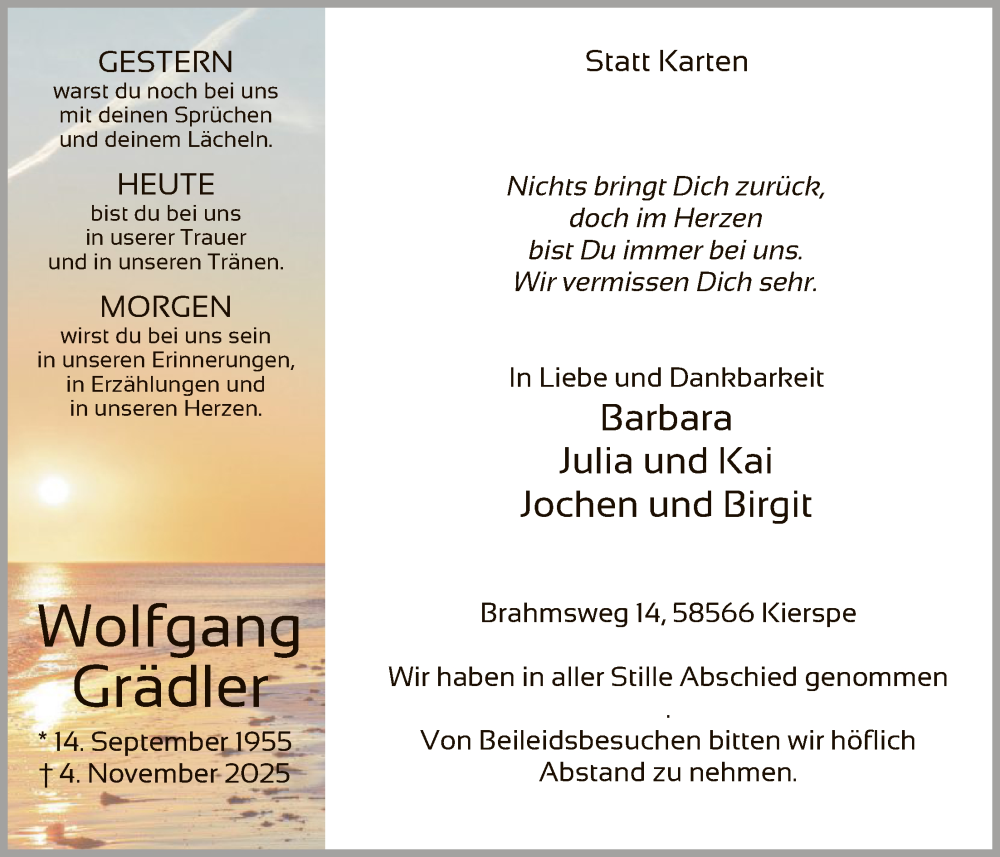  Traueranzeige für Wolfgang Grädler vom 15.11.2025 aus HALN