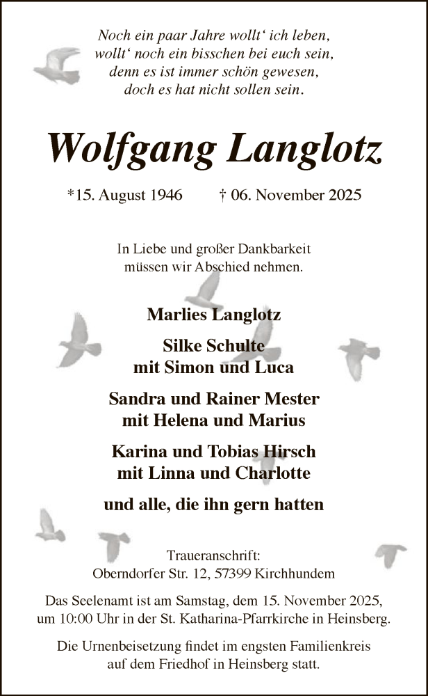  Traueranzeige für Wolfgang Langlotz vom 15.11.2025 aus HASK