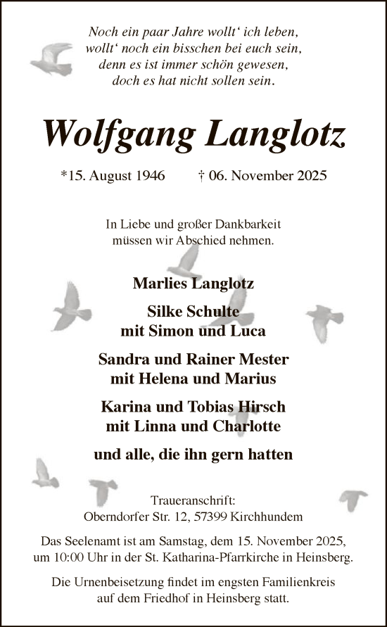Traueranzeige von Wolfgang Langlotz von HASK