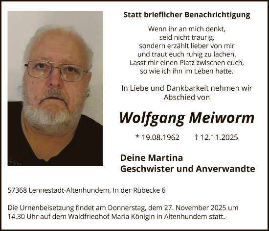 Traueranzeige von Wolfgang Meiworm von HASK