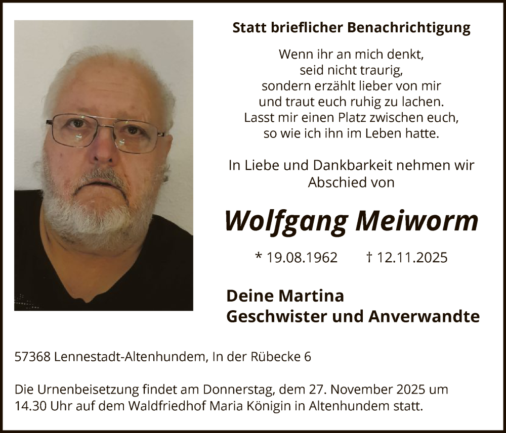  Traueranzeige für Wolfgang Meiworm vom 22.11.2025 aus HASK