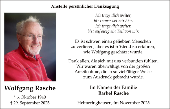 Traueranzeige von Wolfgang Rasche von HASK