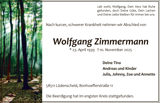 Traueranzeige von Wolfgang Zimmermann von HALN