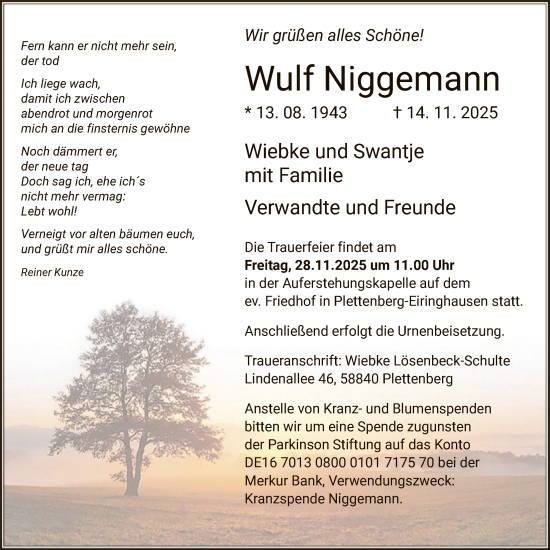 Traueranzeige von Wulf Niggemann von HALN