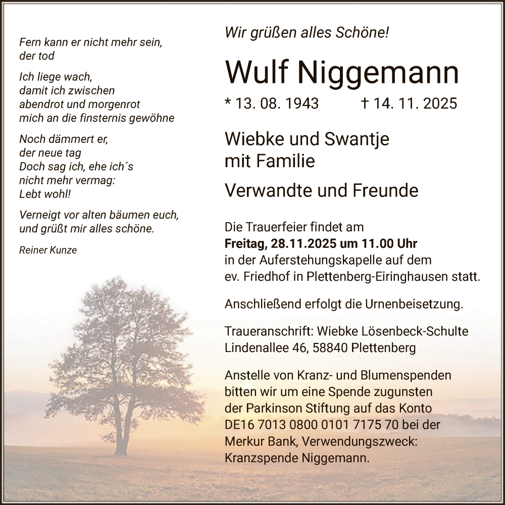  Traueranzeige für Wulf Niggemann vom 22.11.2025 aus HALN