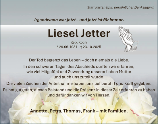 Traueranzeige von Liesel Jetter 
