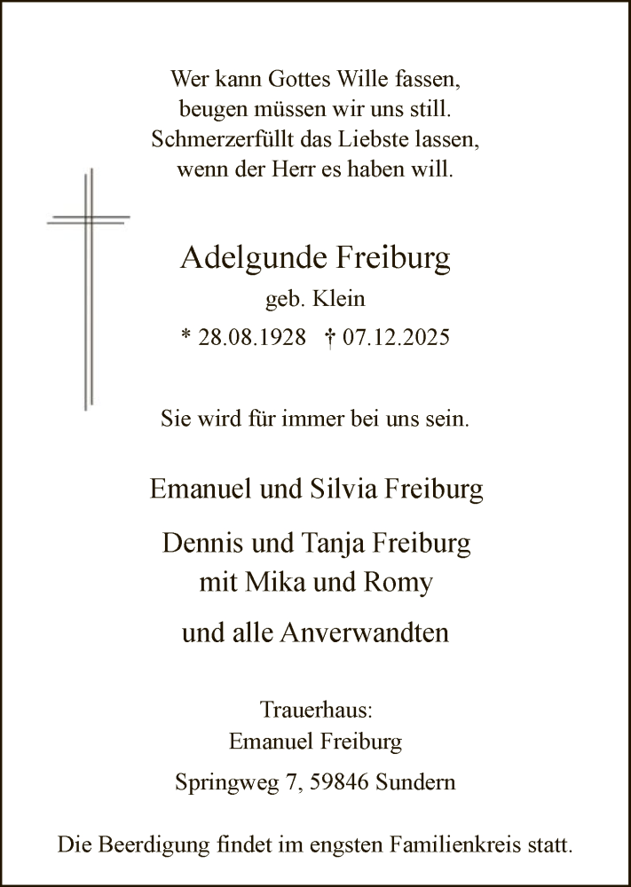 Traueranzeige für Adelgunde Freiburg vom 13.12.2025 aus HASK
