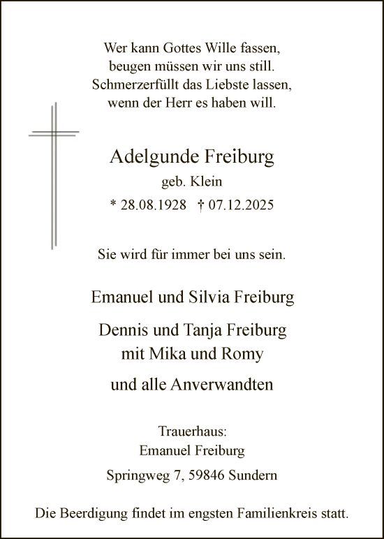 Traueranzeige von Adelgunde Freiburg von HASK