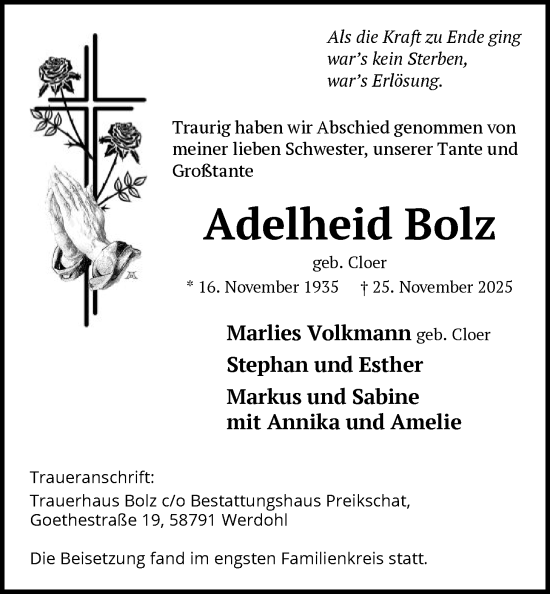 Traueranzeige von Adelheid Bolz von HALN