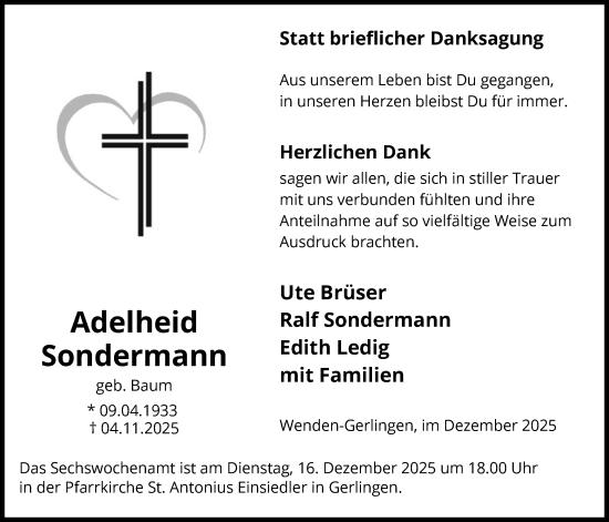 Traueranzeige von Adelheid Sondermann von HASK