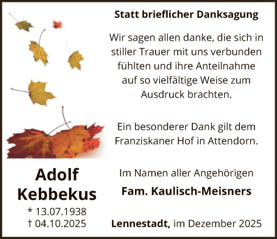Traueranzeige von Adolf Kebbekus von HASK