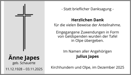 Traueranzeige von Änne Japes von HASK