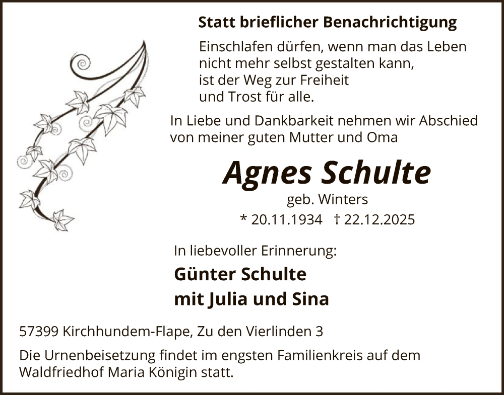  Traueranzeige für Agnes Schulte vom 27.12.2025 aus HASK
