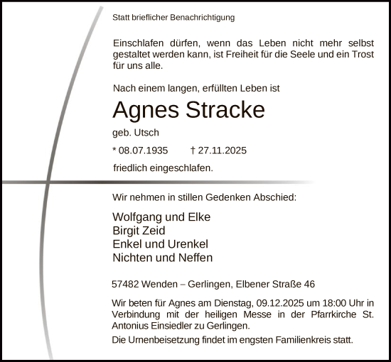 Traueranzeige von Agnes Stracke von HASK