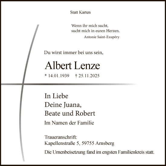 Traueranzeige von Albert Lenze von HASK