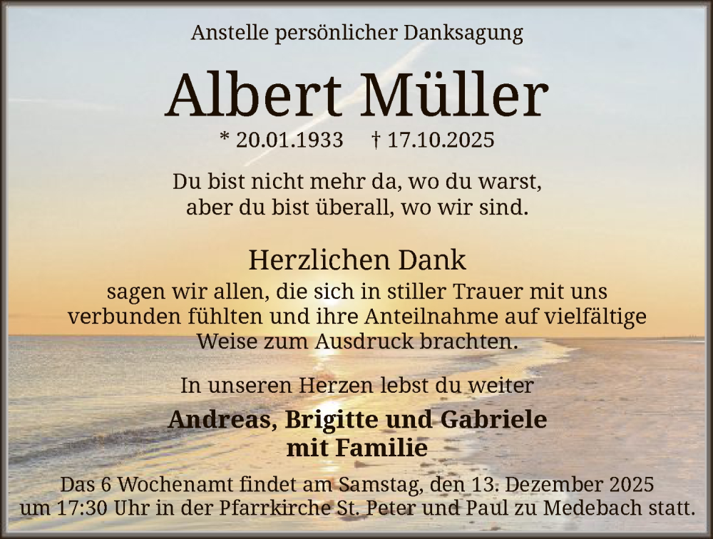  Traueranzeige für Albert Müller vom 06.12.2025 aus HASK