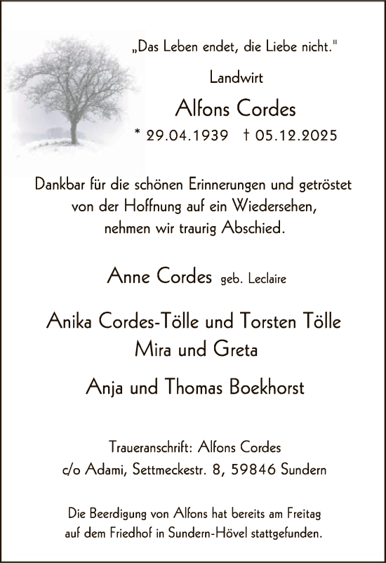 Traueranzeige von Alfons Cordes von HASK