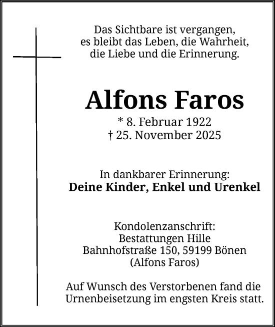 Traueranzeige von Alfons Faros von HAWA