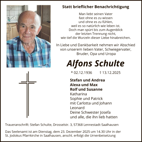 Traueranzeige von Alfons Schulte von HASK