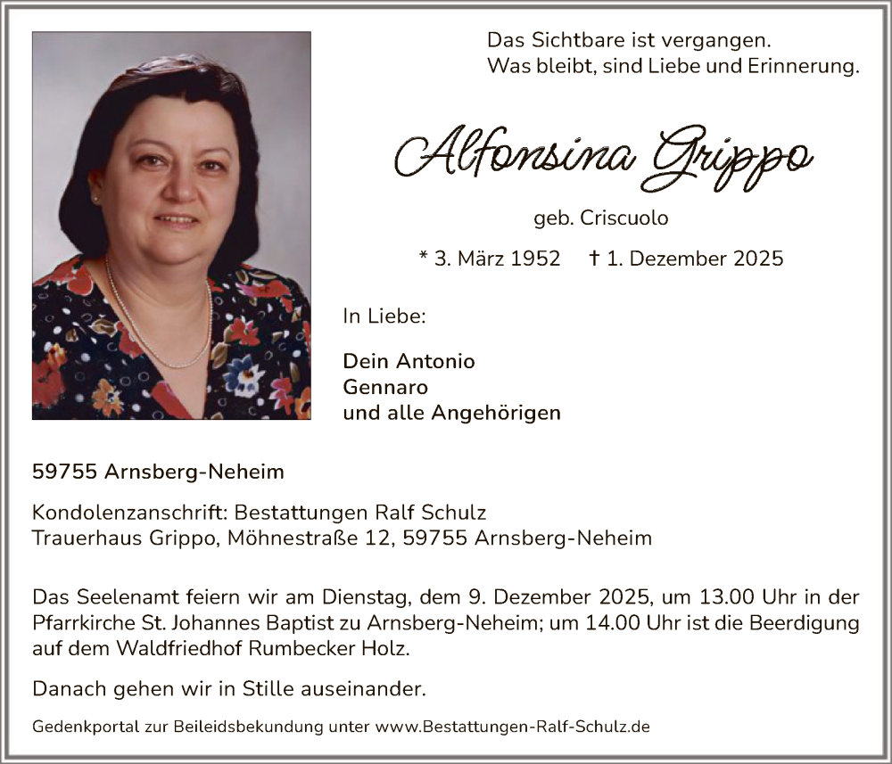  Traueranzeige für Alfonsina Grippo vom 06.12.2025 aus HASK