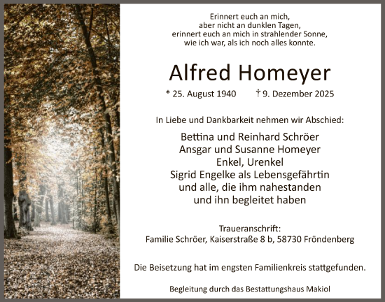 Traueranzeige von Alfred Homeyer von HAWA