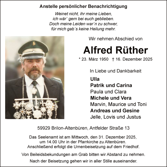 Traueranzeige von Alfred Rüther von HASK