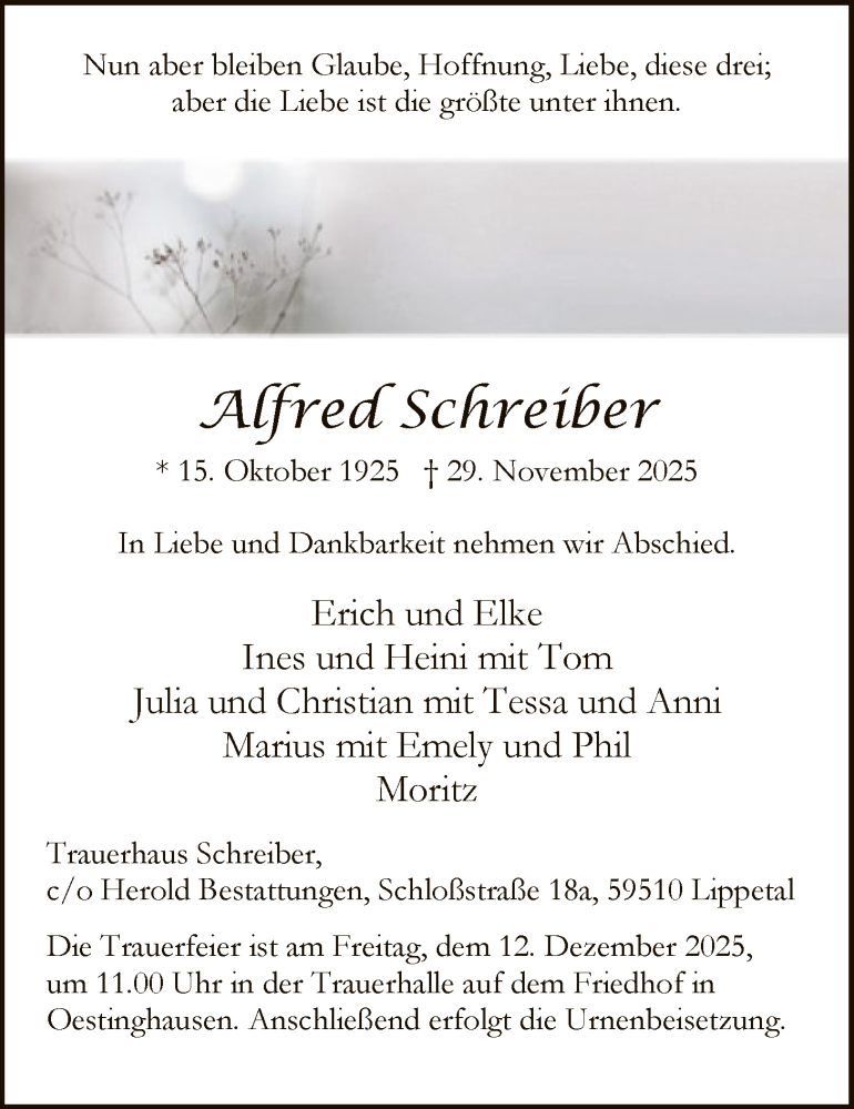  Traueranzeige für Alfred Schreiber vom 06.12.2025 aus HASO
